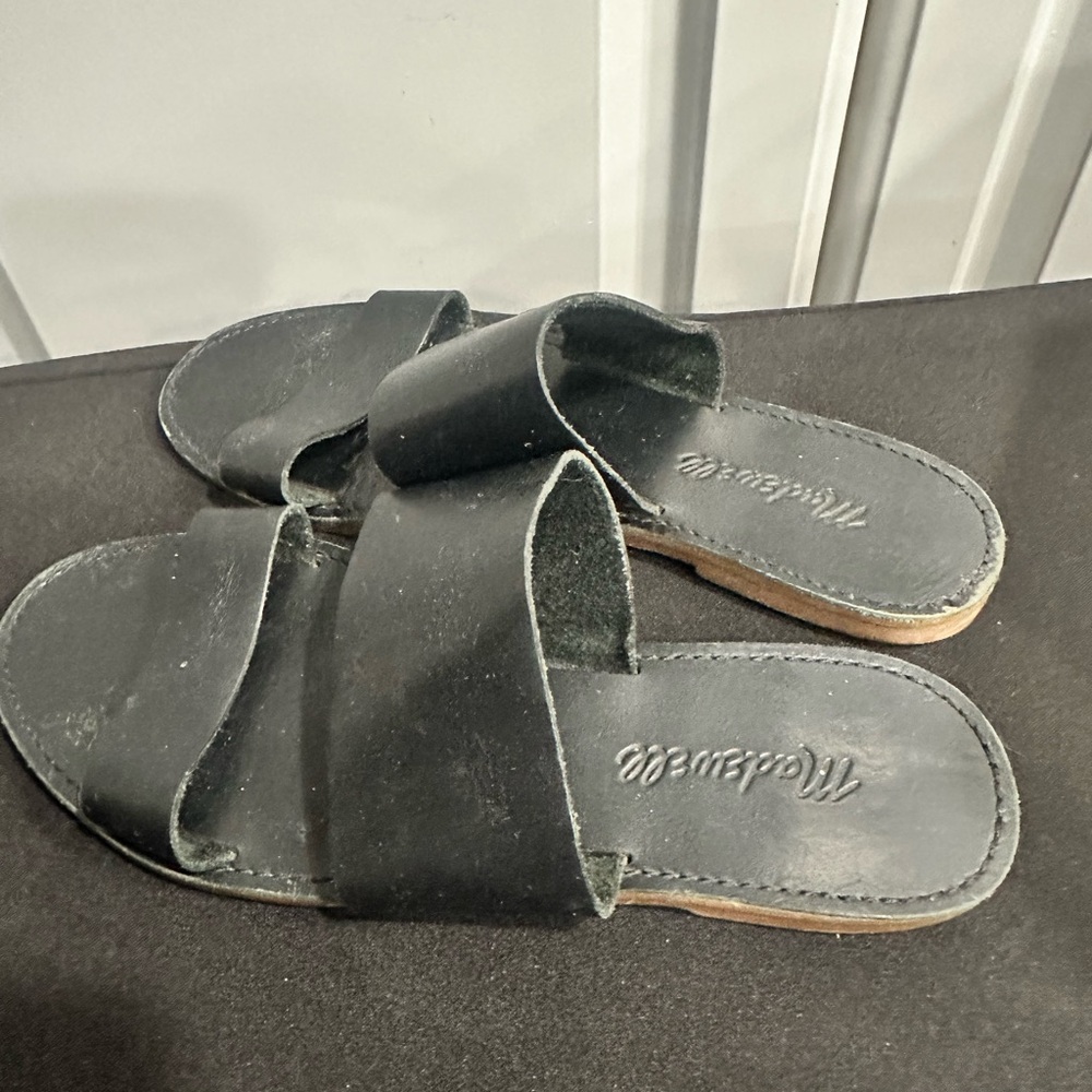 Madewell Boardwalk Black Leather Slides, Wide Band Flats Made in Brazil Sz 7 - Picture 3 of 10
